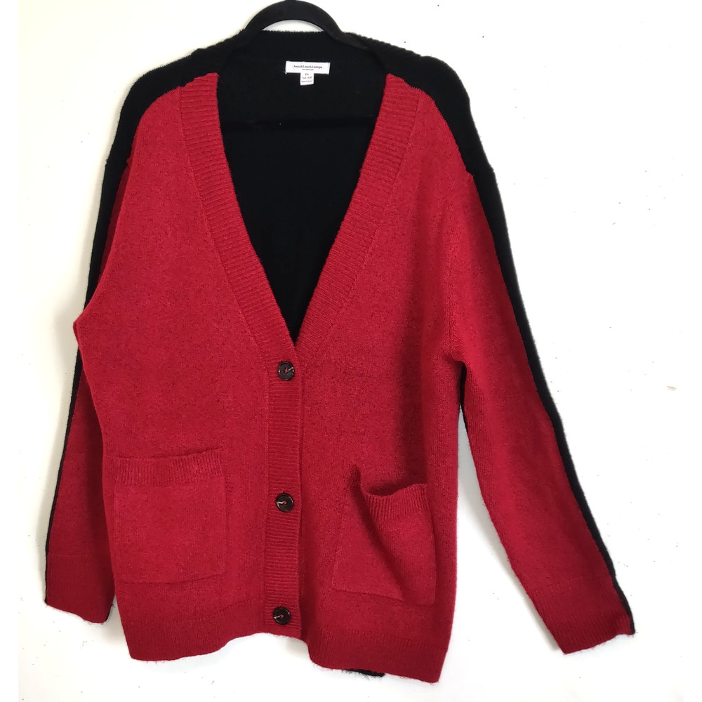 BeachLunchLounge Colorblock Cardigan Sweater Womens XL 16-18 Red Black Pockets